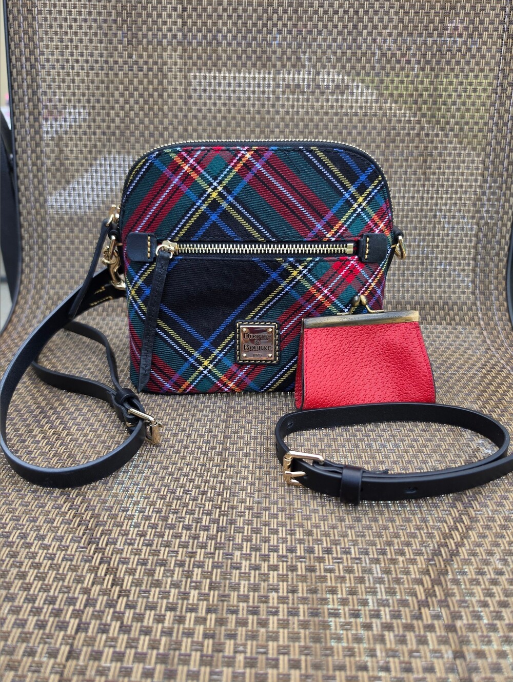 Dooney & Bourke Red Tartan Convertible Shoulde Crossbody Bag with Red Coin Pouch